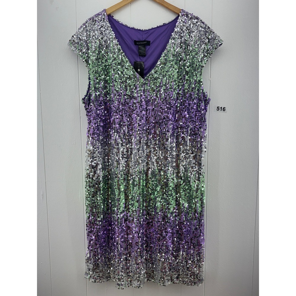 NWT Ashley Stewart Ombre Sequin Dress Purple Green Silver V-Neck Size 18/20